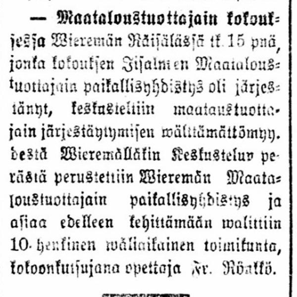 Maataloustuottajain paikallisyhdistyksen perustaminen Vieremälle 15.11.1921 Räisälässä.
